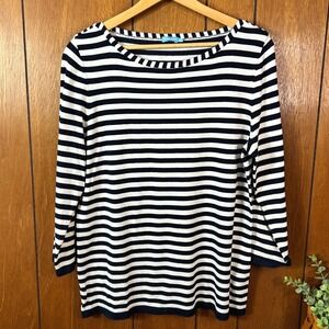 J McLaughlin Striped Boat Neck 3/4 Sleeve Knit Top Navy White Nautical Fisherman